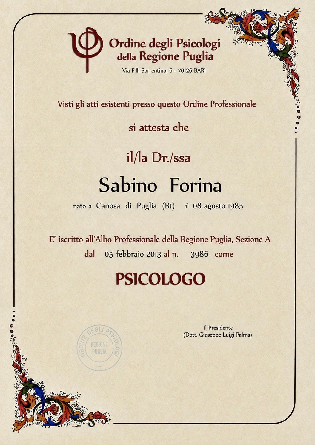 Iscrizione all'Albo degli Psicologi della Regione Puglia n. 3986